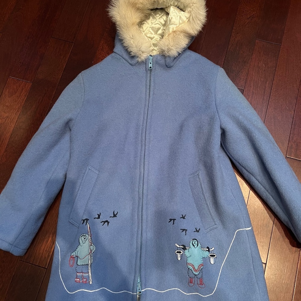 Made in Canada Women's Wool Coat with Inuit style embroidery designs.